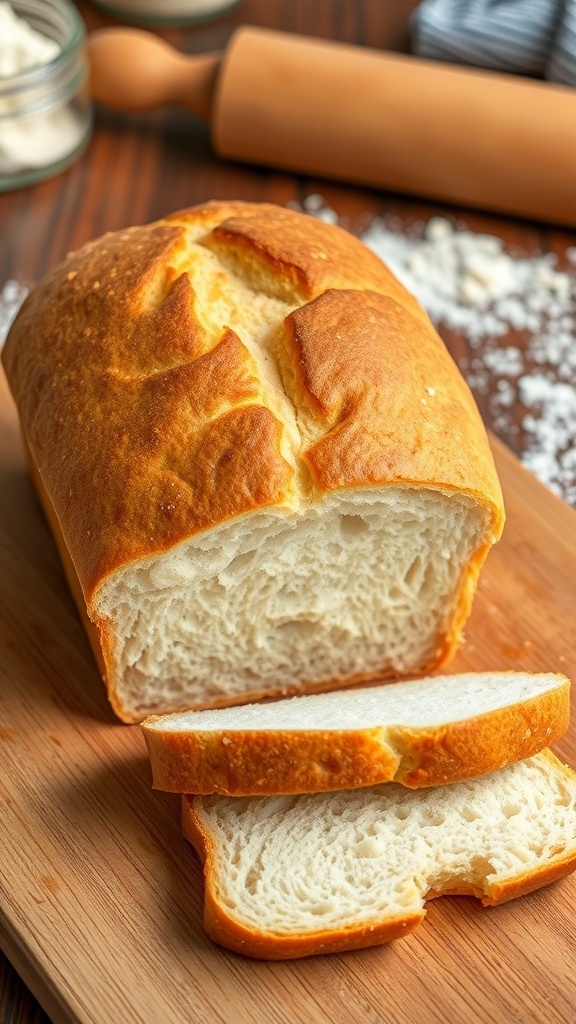Simple Yeast Bread Recipe for One Loaf A golden-brown loaf of homemade yeast bread on a cutting board with slices cut, set in a cozy kitchen.